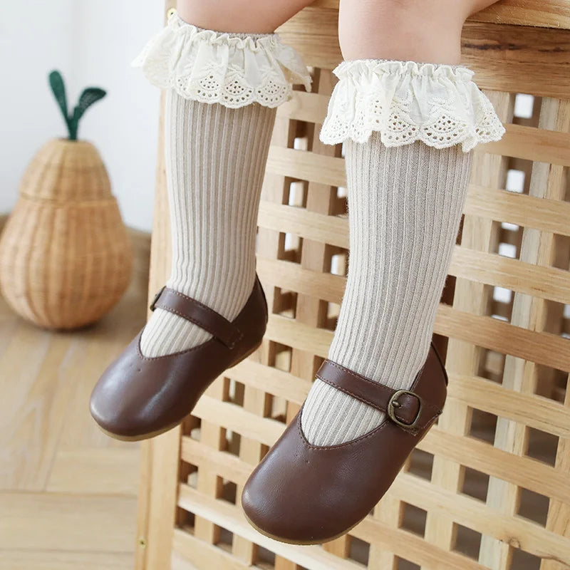 Baby Girls Knee High Socks Baby Infants Kids Toddlers Socks Leg Warmer Solid Cotton Stretch Cute Lovely Lace Frilly Long Socks