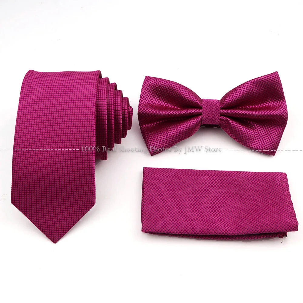 5 Pcs Slim Plaid Tie Set Polyester Pink Blue Necktie Bowtie Cufflink Brooch For Groom Suit Wedding Cravat Shirt Accessory Gift