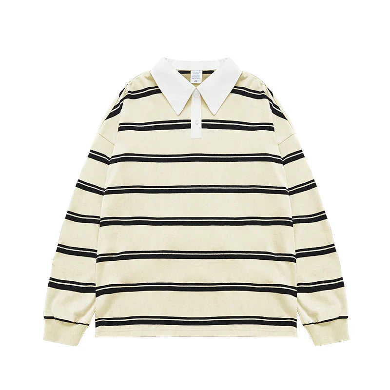 INFLATION Cityboy Striped Oversized Rugby T-Shirt Unisex Harajuku Long-Sleeved Polo Shirts Men Plus Size