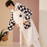 2PCS Hooded Sleepwear Thicken Warm Plush Flannel Robe Set Winter Pajamas for Couples Soft Pajama Man Cartoon Sleeping Bathrobe