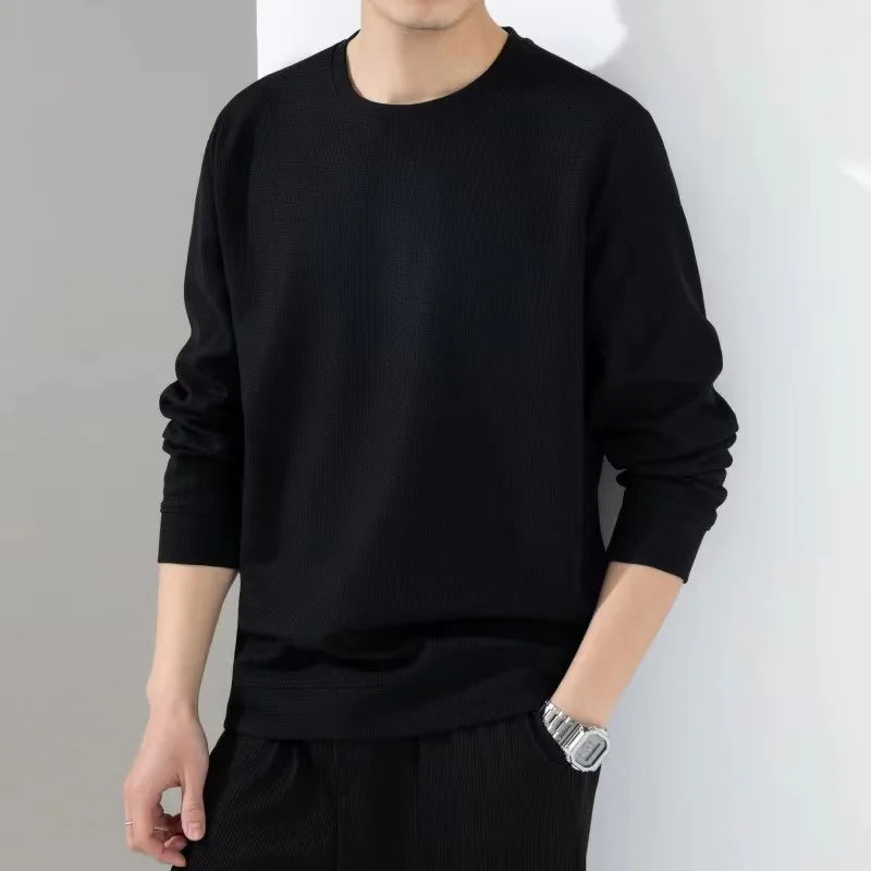 2023 Spring Autumn New Solid Color Round Neck Long Sleeve Fashion Sweatshirts Man Casual High Street Waffler All-match Pullovers