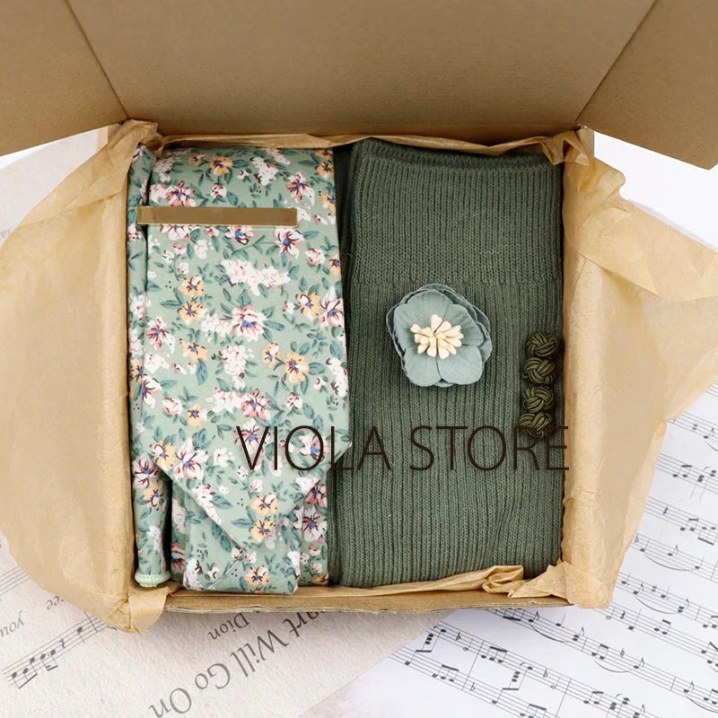 Viola Design 6PCS Gift Box Floral Solid Cotton Sock Tie Sets Clip Pin Cufflinks Hankie Men Wedding Party Daily Cravat Accessory