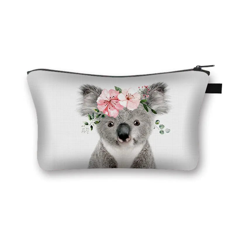 Animal Print Cosmetic Bag Women Makeup Bag Kawaii Koala/Elephant/Elk Toiletry Canvas Travel Organizer Zipper Pouch Handbag Purse