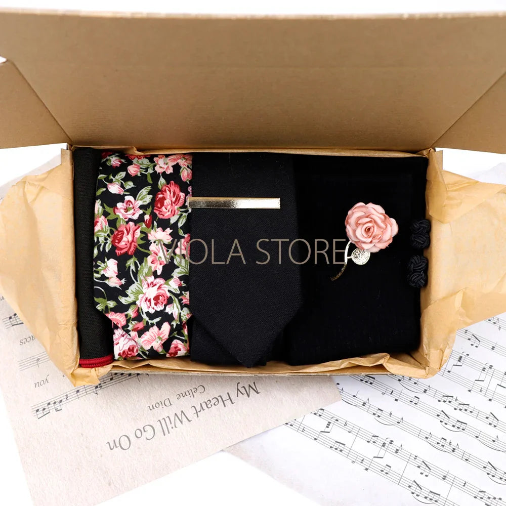 Viola Design Gift Box Hot Solid Floral Cotton Sock Necktie Set Clip Cufflinks Pin Hanky Men Wedding Party Daily Cravat Accessory