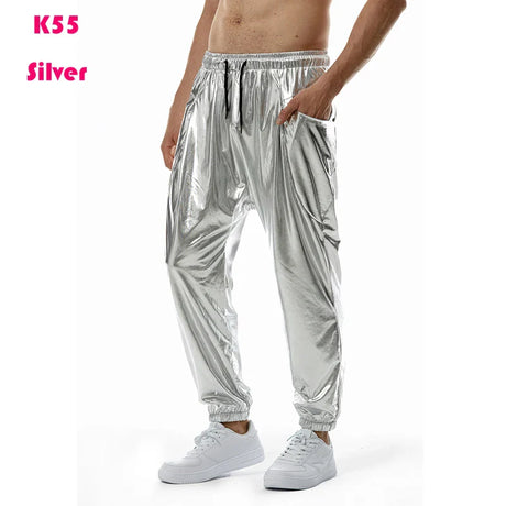 Mens Shiny Silver Metallic Jogger Sweatpants Hip Hop Wet Look Trousers Men Club Party Festival Prom Streetwear Pantalones Hombre