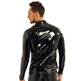 Men Wet Look Patent Leather Coat Long Sleeve Front-Zip Shiny Metallic Tops Fashion Man's Jackets Moto Biker Nightclub Clubwear