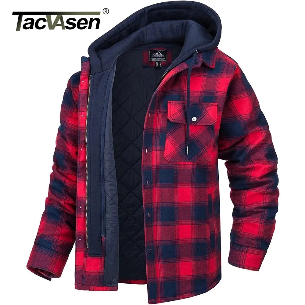 TACVASEN Men's Flannel Shirt Jacket with Removable Hood Plaid Quilted Lined Winter Coats Thick Hoodie Outwear Man Fleece Shirts