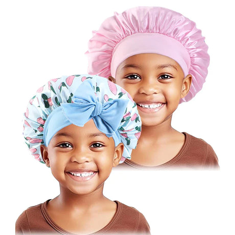 2PCS/LOT Solid Color Nightcap For Kids Wide Edge Printed Bow Sleep Hat Cute Baby Turban Multicolor Set Satin Beanie For Girls