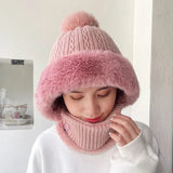 CHRLCK Winter New Twist Striped Knitted Hat Scarf Unisex Velvet One-piece Warm Beanies Women Ear Neck Protection Wool Caps