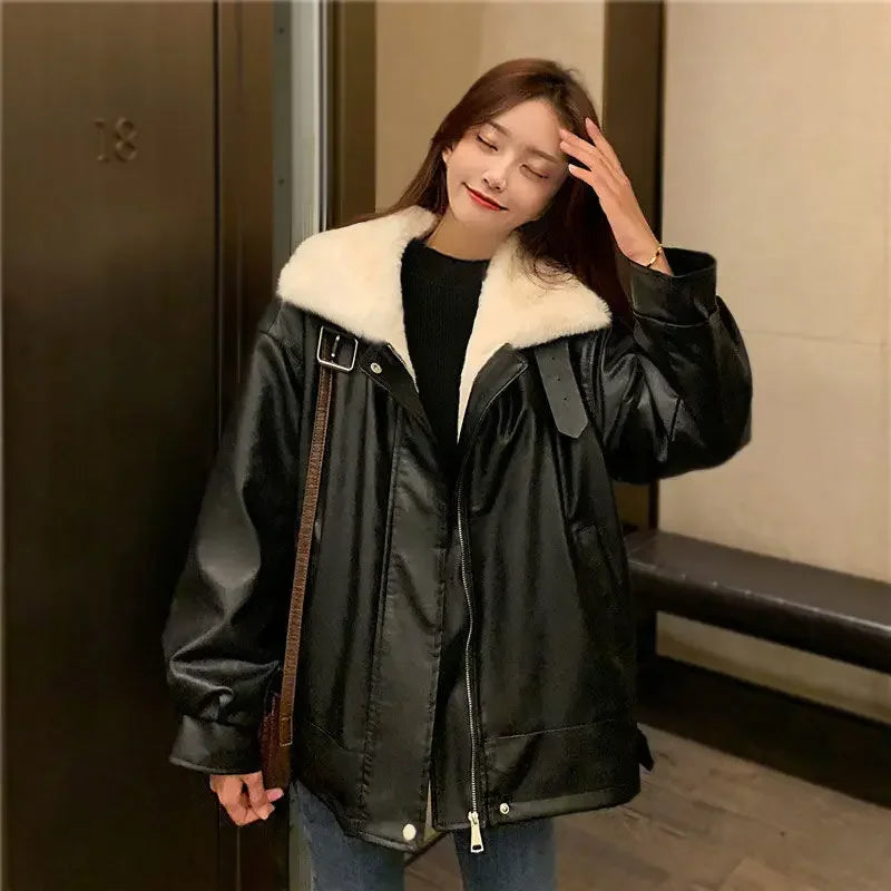 Retro Thick Warm Leather Coat Winter Woman Plush Loose Fur Integrated Lapel Long Sleeve Jacket Korean Female Streetwear Outwear