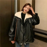 Retro Thick Warm Leather Coat Winter Woman Plush Loose Fur Integrated Lapel Long Sleeve Jacket Korean Female Streetwear Outwear