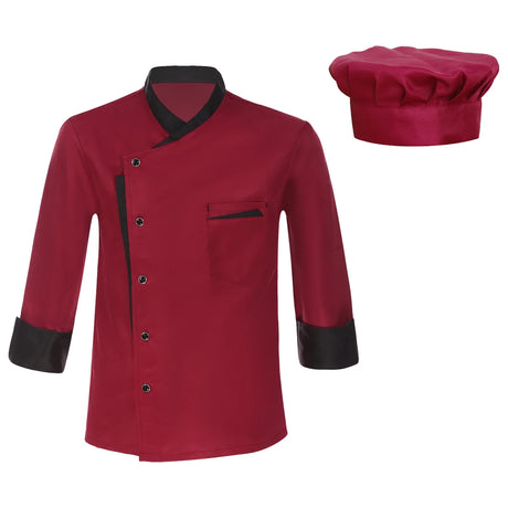 Men Chef Shirt Long Sleeve Cosplay Jacket Kitchen Restaurant Hotel Work Coat with Hat Unisex Contrast Color Food Cooking Uniform