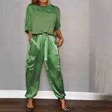 Elegant Satin Two Piece Set Women Outfits Spring Summer Casual Solid O Neck Shirt Long Pants Tracksuit Fashion Female Loose Suit