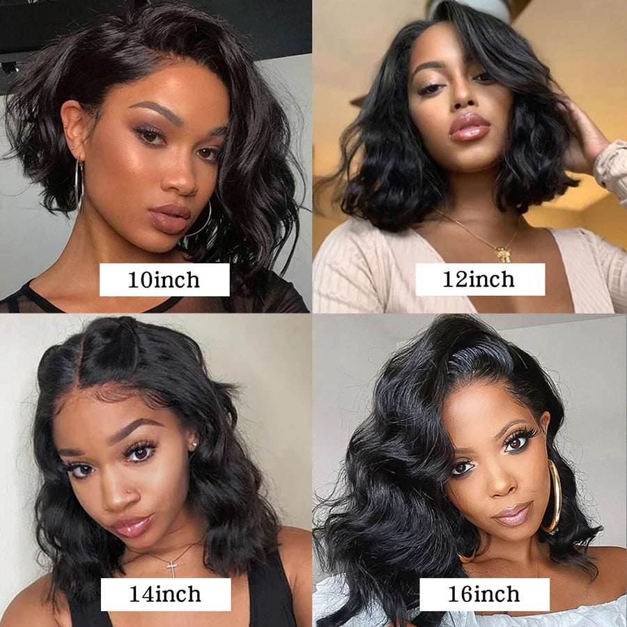 Body Wave Natural Black Bob Peruvian Human Hair Side Part Lace Front Middle Part Wig Pre Plucked Wig For Black Women 180 Density