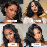 Body Wave Natural Black Bob Peruvian Human Hair Side Part Lace Front Middle Part Wig Pre Plucked Wig For Black Women 180 Density