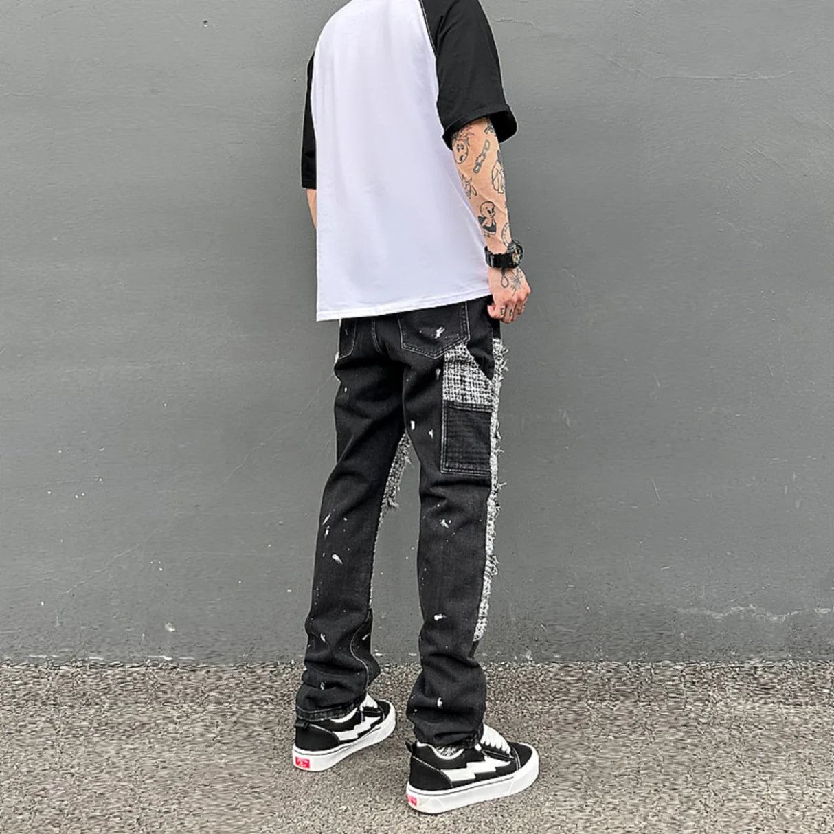 Black White Checkered Patchwork Straight Leg Denim Trousers Men Hip Hop Splashed Ink Logging Pants Jeans Slim Fit Washed Torn