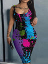 LW Plus Size Splash Ink Bodycon Cami Dress U Neck Bodycon Sexy Slim Mini Dress Sleeveless Tank Top Casual Style