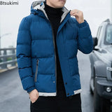 2024 Winter Korean Style Parkas Men's Puffer Jacket Long Sleeve Hooded Coats Bomber Jacket Thicker Warm Zipper Outerwear for Men