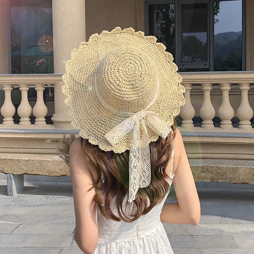 Big Lace Bow Straw Hat Foldable Wide Brim UV Protection Cover Hat Korean Version Summer Hats Travel