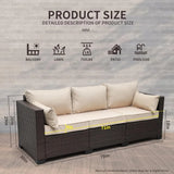 Outdoor Sofa with Non-Slip Beige Cushion, Patio Couch PE Wicker 3-Seat Outdoor Brown Rattan Sofa Deep Seating Furniture