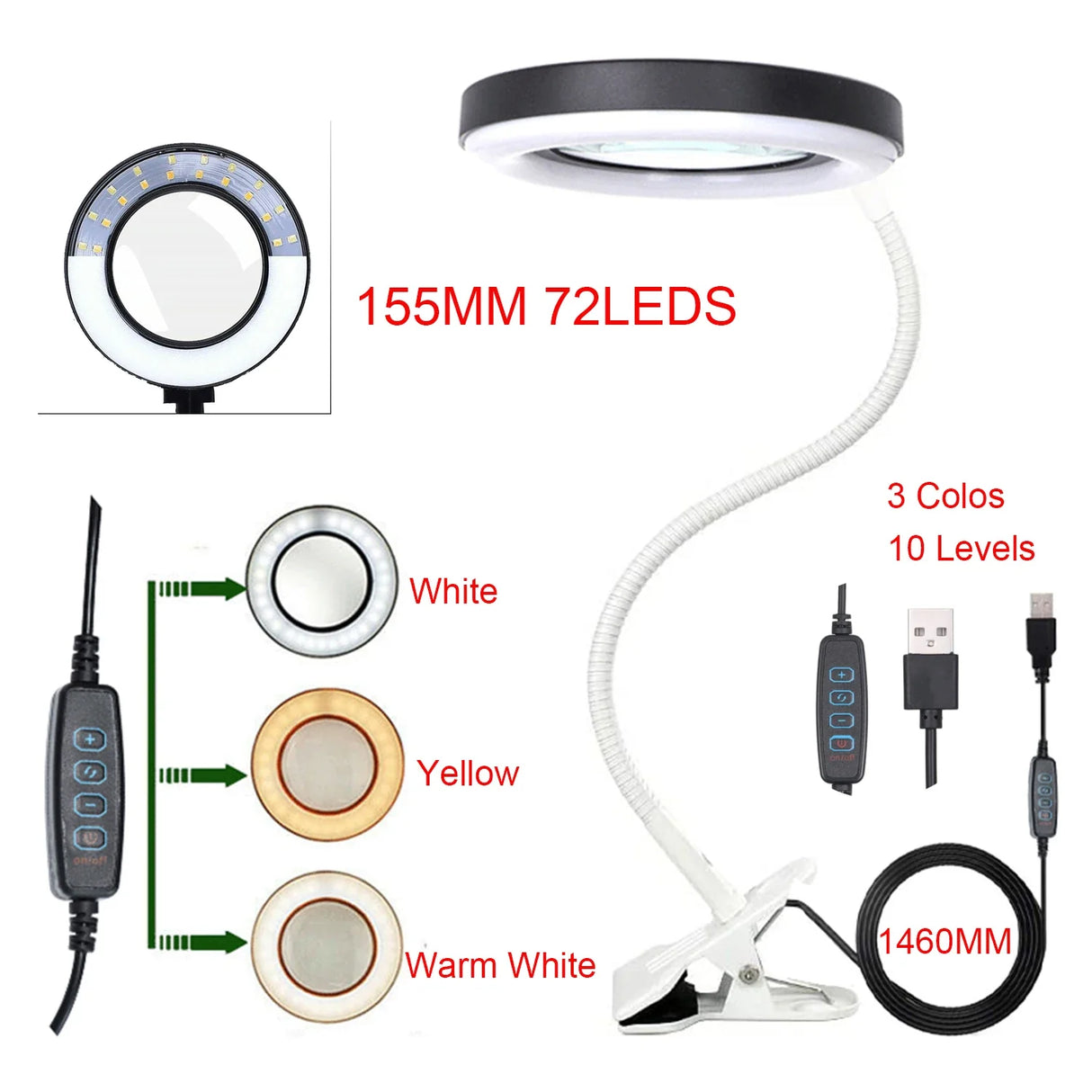 NEW 72LEDS  Illuminated Magnifier USB 3 Colors LED Magnifying Glass for Soldering Iron Repair/Table Lamp/Skincare Beauty Tool