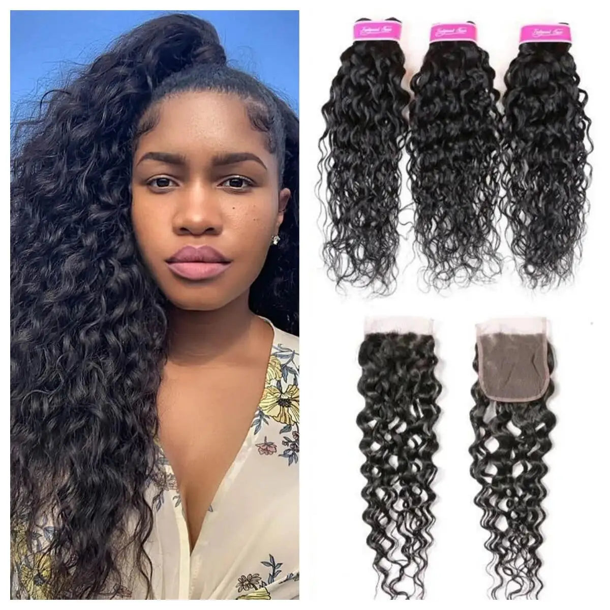 Water Wave Human Hair Bundles With 4x4 Lace Closure Peruvian Hair Curly Wavy Bundles Extensions With Lace Closure For Women