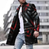 Men Woolen Coat Jacket Fashion Striped Geometric Print Young Mens Clothes Autumn Winter Single Breasted Pocket Overcoat Outwear