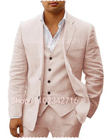 3 Piece Linen Summer Men Suits for Wedding Groom Tuxedos 2023 Casual Beach Custom Man Suit Set Jacket Vest with Pants Man Fahion