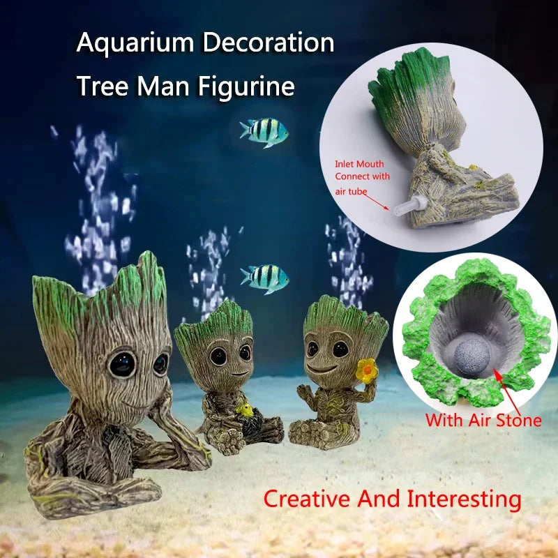 Cute Tree Man Figurine Aquarium Decoration With Air Bubble Driftwood Statue Multifunction  Fish Tank Background Ornament Shelter