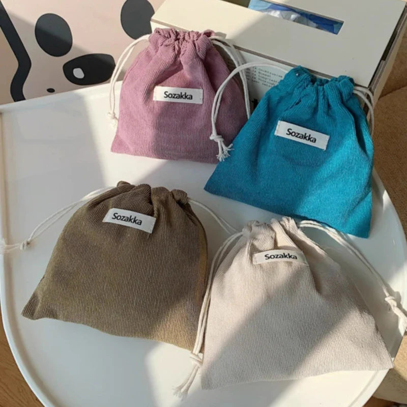 Small Corduroy Coin Purse Key Earphone Drawstring Storage Bag Women Girls Jewelry Lipstick Cosmetic Tote Rope Pouch String Bags