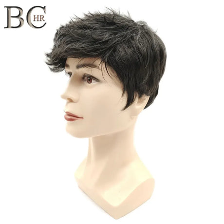 BCHR Short Men Blonde Wigs Synthetic Natural Straight Ombre Brown Roots Side Part Hairline Bangs Male Wig