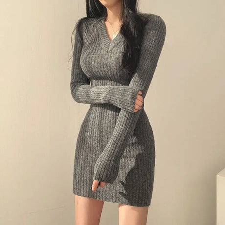 HELIAR Women Knit Bodycon Dress V-Neck Long Sleeve Slim Sexy Dress Solid Casual Midi Sweater Dress For Women 2023 Autumn