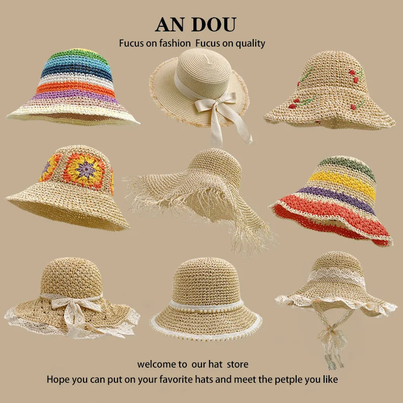 Spring Summer Korean Sweet Big Brim Straw Sun Hat Women Seaside Sunshade Sunscreen Straw Bucket Hat Basin Hat