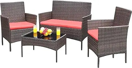 Patio Furniture Outdoor Acacia Wood  Conversation Sofa Set with Table & Cushions Porch Furniture for Porch/Balcony/Backyard