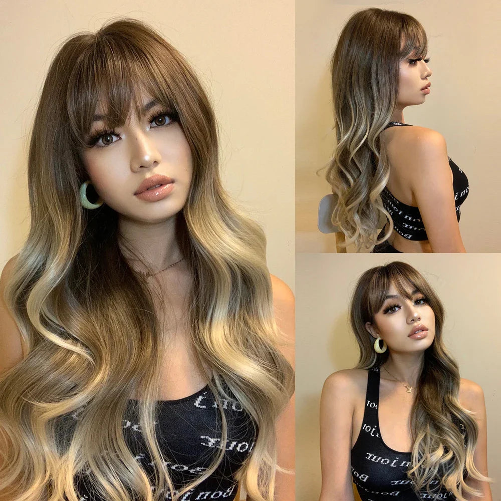 EASIHAIR Light Orange Synthetic Wigs Long Wavy Ombre Natural Hair Wigs with Bangs for Women Cosplay Lolita Wig Heat Resistant