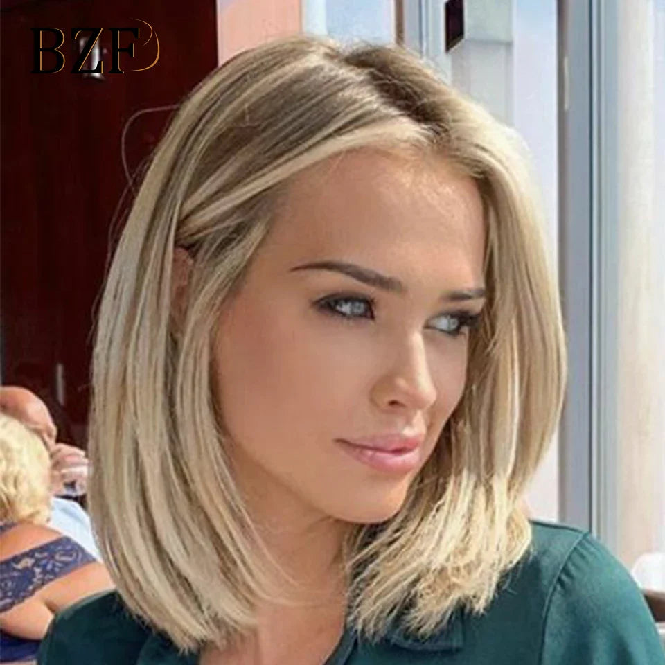 13x3 Blonde Highlight Synthetic Lace Front Bob Wigs Short Cosplay 12Inch Straight Glueless Heat Resistant Wig For Women Daily