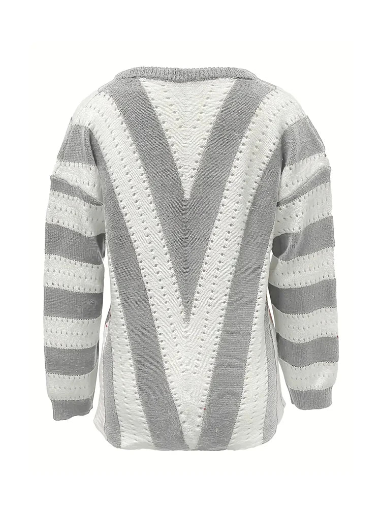 Plus Size Womens Long Sleeve Deep V Neck Zipped Up Hand Knit Striped Sweater Tops Loose Pullover Jumper Tops