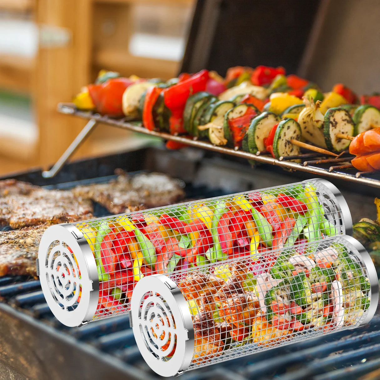 Stainless Steel BBQ Grill Basket Set Cylinder Barbecue Grate Camping Picnic Cookware for Grilling Vegetables Meat Fish Seafood