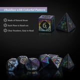 Cusdie 7Pcs Obsidian Dice DND Handmade 16mm D4-D20 Polyhedral Gemstone Dice Set with Leather Box D&D Dices for RPG Collection