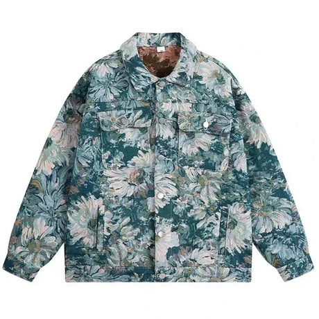 Full Flowers Jacquard Denim Jacket Men Korean Fashion Turndown Collar Jacket Women Loose Couples Casual Coat Autumn 2023