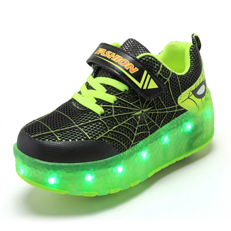 Kid Sneakers Spider Cartoon Mesh Usb Charge Luminous Shoes Outdoor Sport Roller Skates Child Skate Shoes Boys Girls Casual Shoes