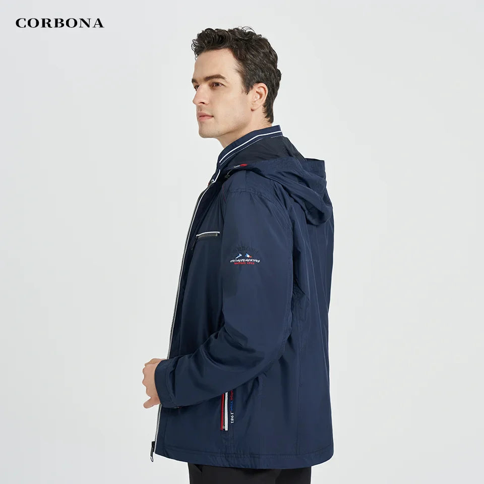 CORBONA 2024 New Men Lightweight Jacket Spring Summer Windproof Coat Trip Fashion Casual Outdoor Longsleeve Detachablehat Parka