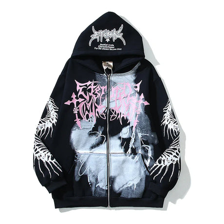 Kanye West Vintage Zip Up Hoodie Dinosaur Bone Graffiti Sweatshirt for Men Letters Embroidery Cardigan Baggy Pullovers with Hood