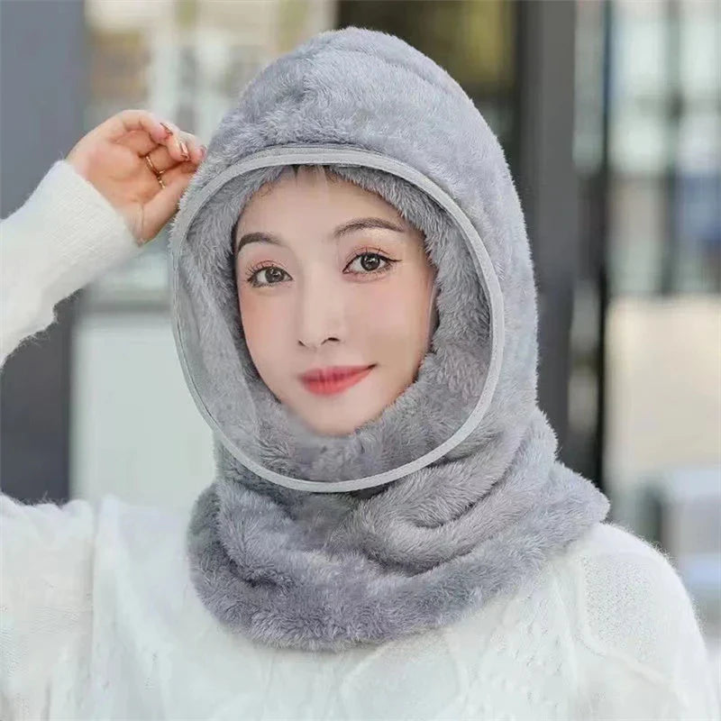 Winter Windproof Plastics Mask Scarf Cap One-Piece Riding Warm Pullover Hat Women Ear Protection Fluffy Soft Versatile Thermal