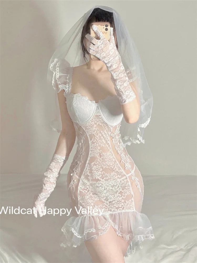 Hot Erotic Lingerie Passion Night Suit Sexy Pajamas Organza Lace Ruffles Nightdress Anime Wedding Bride Cosplay Costumes Lolita