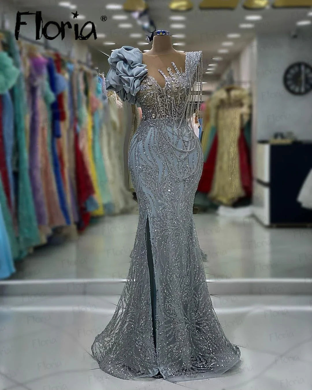 Dubai Gorgeous Plus Size Party Dress With Silver Crystals Sparkle Wedding Party Dresses Custom Long Mermaid Celebrity Dresses