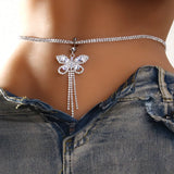 Shiny Rhinestone Butterfly Tassel Waist Chain Sexy Beach Navel Belly Piercing Body Chain Jewelry Accessories for Women