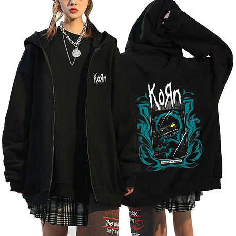 Korn Rock Band Sweatshirts WORLD TOUR Hoodies Cartoon Vintage Metal Gothic Streetwear Zip Up Jackets Tops Fleece Oversized Coats