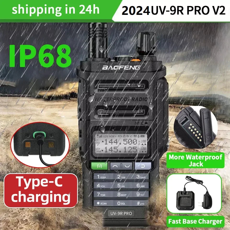 2024 Baofeng UV-9R Pro V1 V2 Waterproof IP68 16KM Walkie Talkie Type-C Charger UHF VHF Long Range UV-5R Upgrade Ham CB Radio