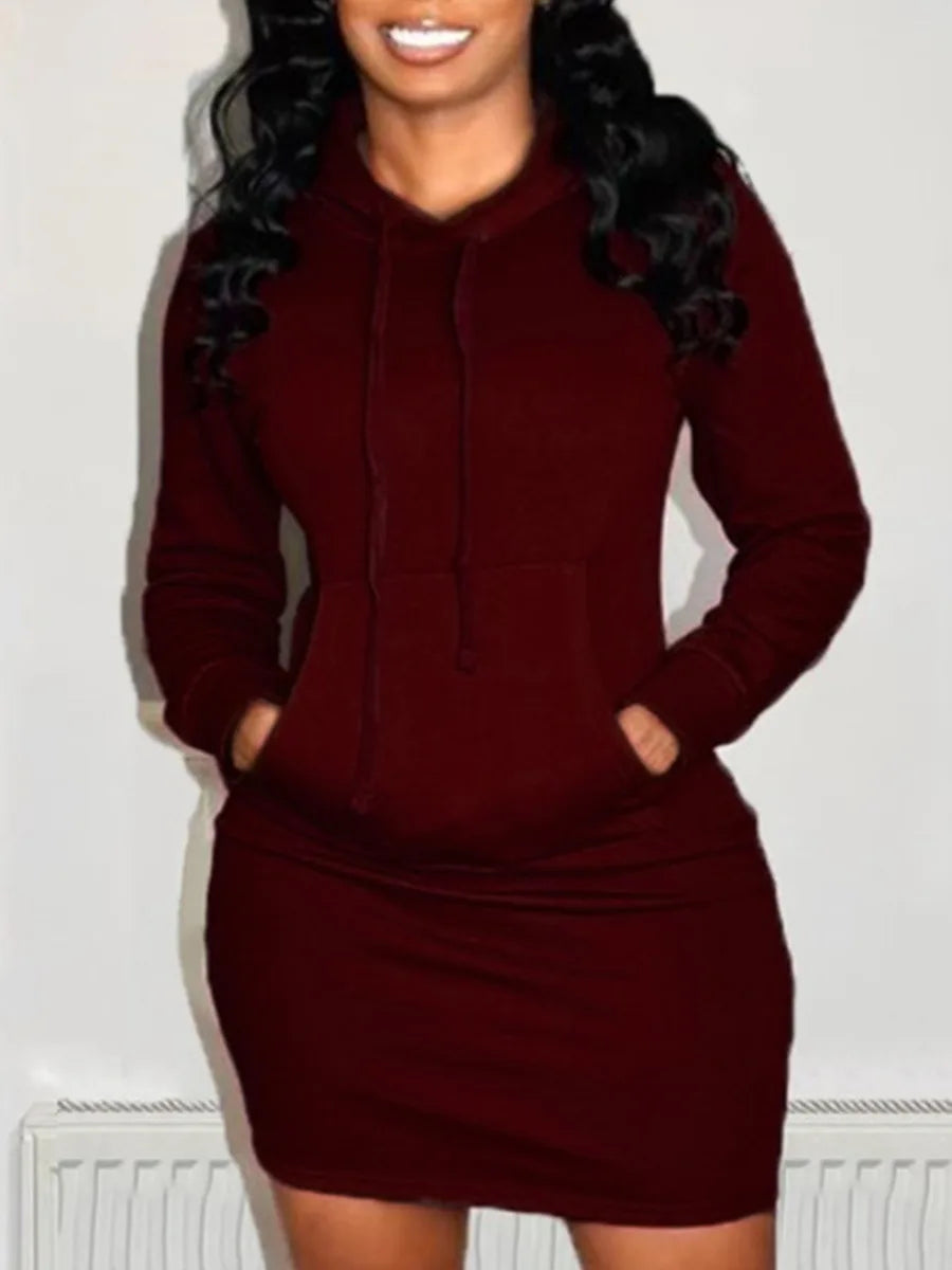 Plus Size Hooded Collar Kangaroo Pocket Sweat Dress Mini Dresses Woman Solid Long Sleeve Clothing Tunic Robe